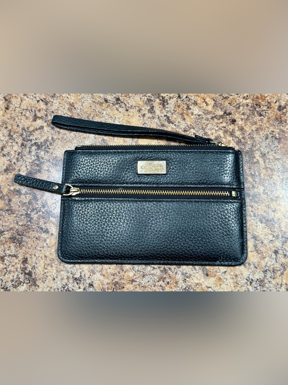 kate spade Black Pebbled Leather Wristlet with Gold Hardware